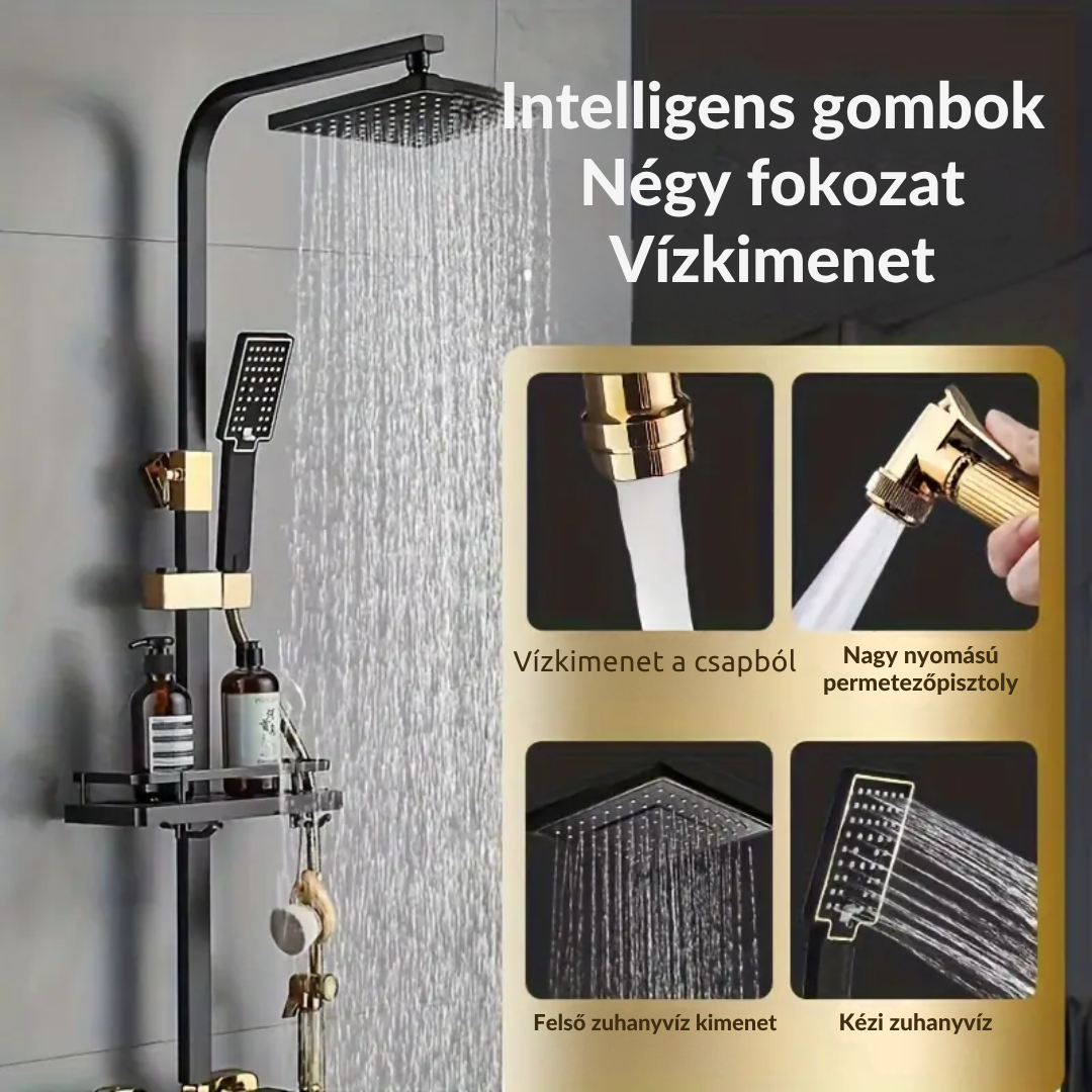 Glacira™ | Fekete Bidé Zuhanyszett, 4 Fokozatú Nyomás, Arany Gombbal